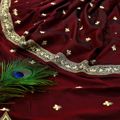 Indian Vintage Heavy Sarees Maroon Pure Silk Hand Embroidered Sari Fabric 5Yd Sewing Ethnic Zardozi/dabka zari Wedding sarees