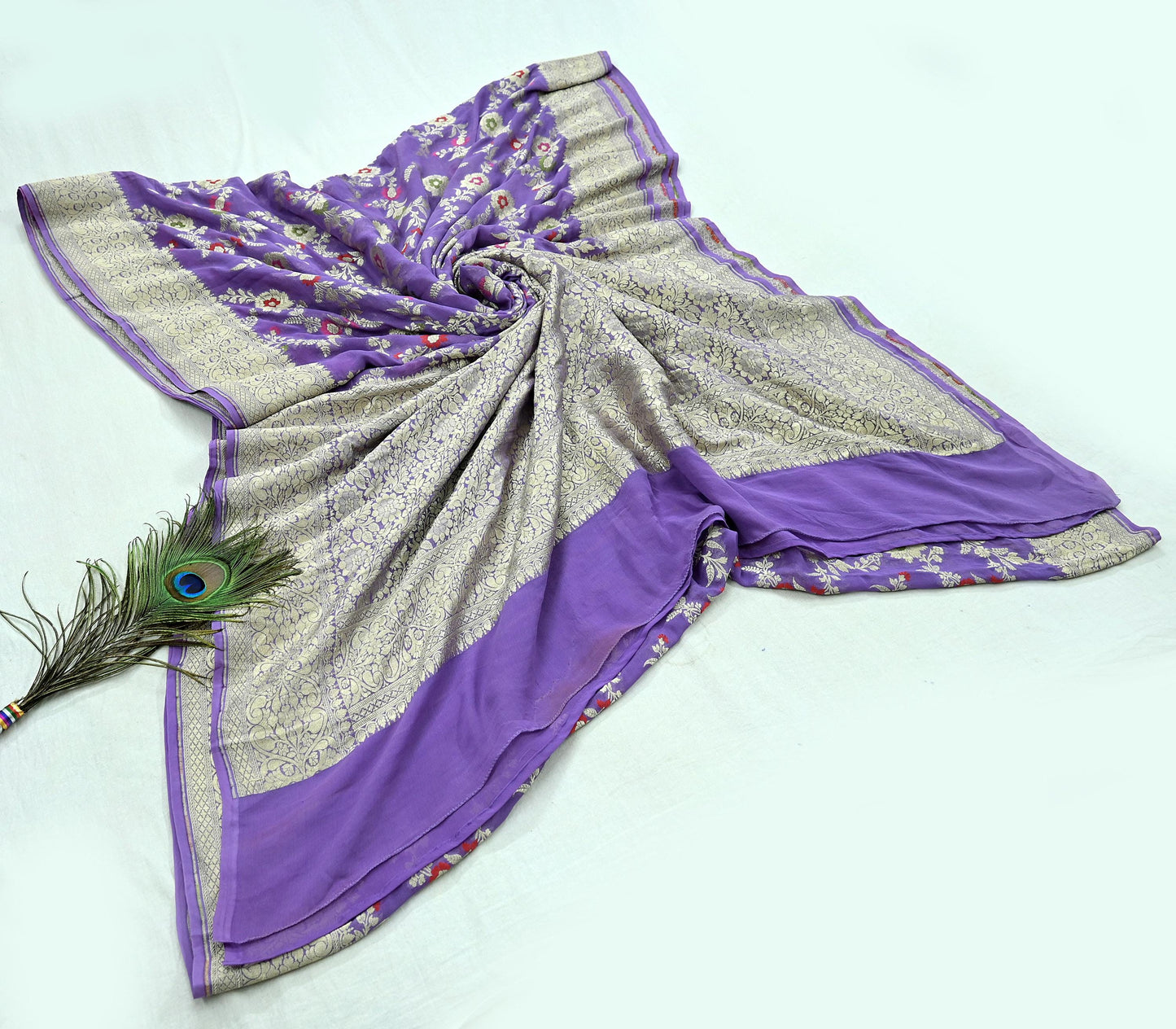 Vintage Heavy Purple Sarees Pure Georgette Silk Hand Woven Sari Craft Fabric 6Yd Sewing Soft Ethnic Zari Dress Making Wedding Sari