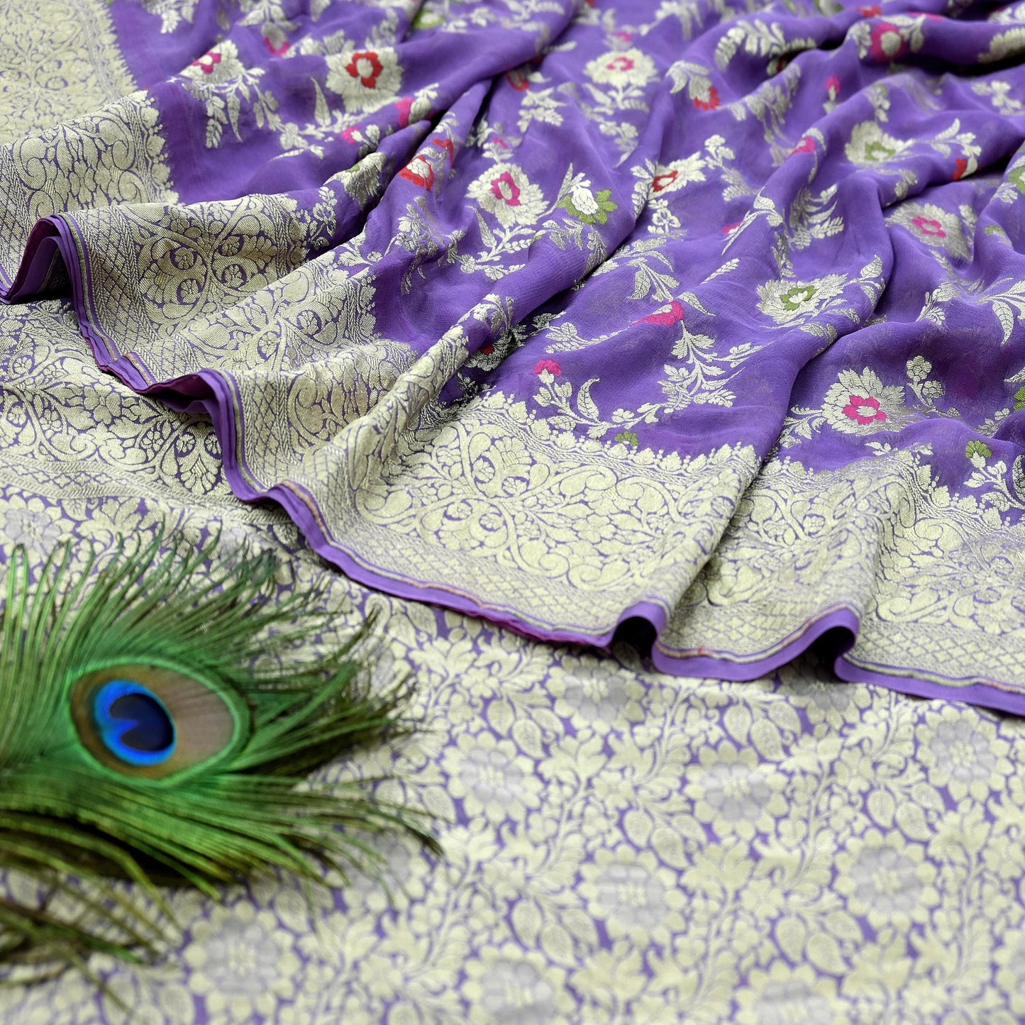 Vintage Heavy Purple Sarees Pure Georgette Silk Hand Woven Sari Craft Fabric 6Yd Sewing Soft Ethnic Zari Dress Making Wedding Sari