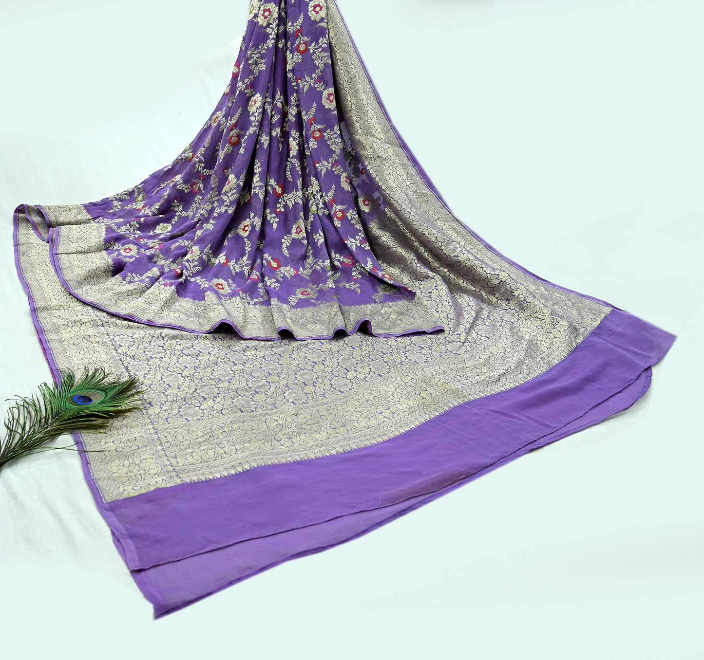 Vintage Heavy Purple Sarees Pure Georgette Silk Hand Woven Sari Craft Fabric 6Yd Sewing Soft Ethnic Zari Dress Making Wedding Sari