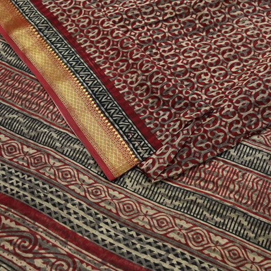 Indian Vintage Sari Beige & Maroon Printed Pure Cotton Saree Craft Fabric 5Yd Soft Sewing Sarong Wrap Boho Floral Dress making Crafting