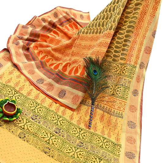 Indian Vintage Yellow Block Printed Pure Chanderi Silk Saree Floral & Zari Border 5 Yards Soft Craft Fabric for Upcycling, Dressmaking,