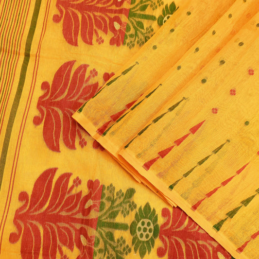 Indian Vintage Sarees Yellow Cotton Hand Woven Jamdani Sari 5yd Ethnic Floral Craft Fabric Dress making Upcycle Crafting Quilting