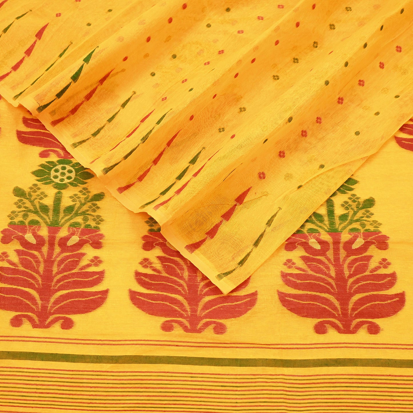 Indian Vintage Sarees Yellow Cotton Hand Woven Jamdani Sari 5yd Ethnic Floral Craft Fabric Dress making Upcycle Crafting Quilting