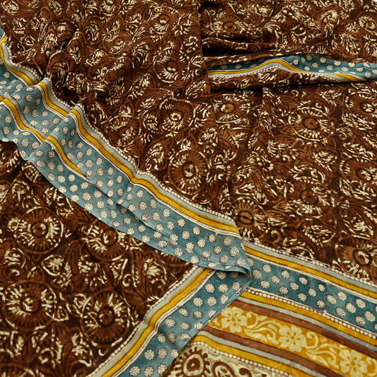 Indian Vintage Sari Brown 100% Pure Georgette Silk Block Printed Sarees Sewing 5yd Craft Soft Dress Designing for Crafting Abstract