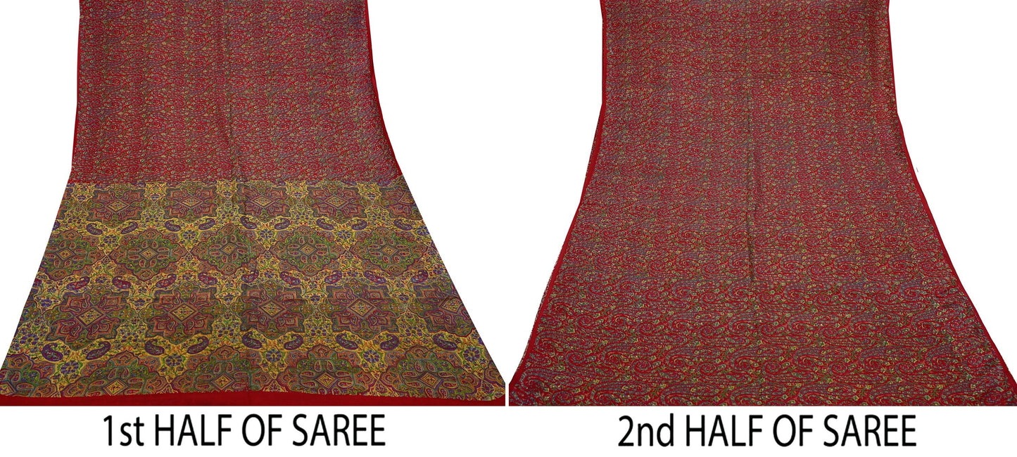 Indian Vintage Sari Red 100% Pure Silk Printed Saree Craft Fabric 6yd Sewing DressMaking  Soft Abstract Crafting Quilting Upcycle