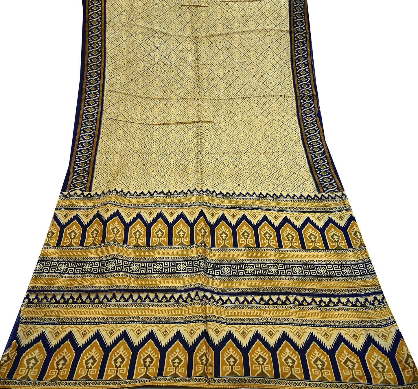 Vintage Sari Beige & Blue Pure Silk Printed Saree Fabric 5yard Sewing Soft Dress Designing for Crafting Quilting Upcycle Soft