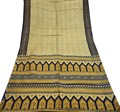 Vintage Sari Beige & Blue Pure Silk Printed Saree Fabric 5yard Sewing Soft Dress Designing for Crafting Quilting Upcycle Soft