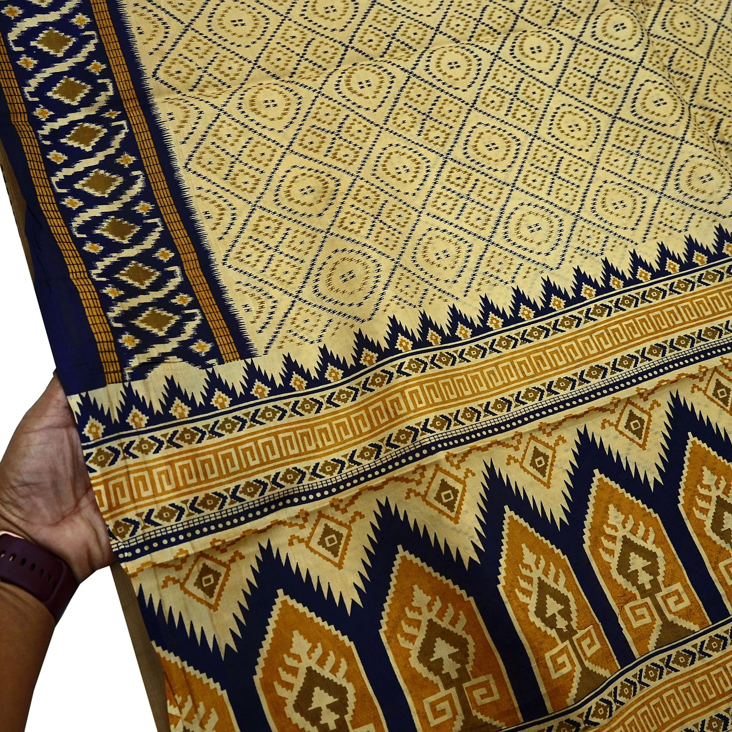 Vintage Sari Beige & Blue Pure Silk Printed Saree Fabric 5yard Sewing Soft Dress Designing for Crafting Quilting Upcycle Soft