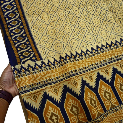 Vintage Sari Beige & Blue Pure Silk Printed Saree Fabric 5yard Sewing Soft Dress Designing for Crafting Quilting Upcycle Soft