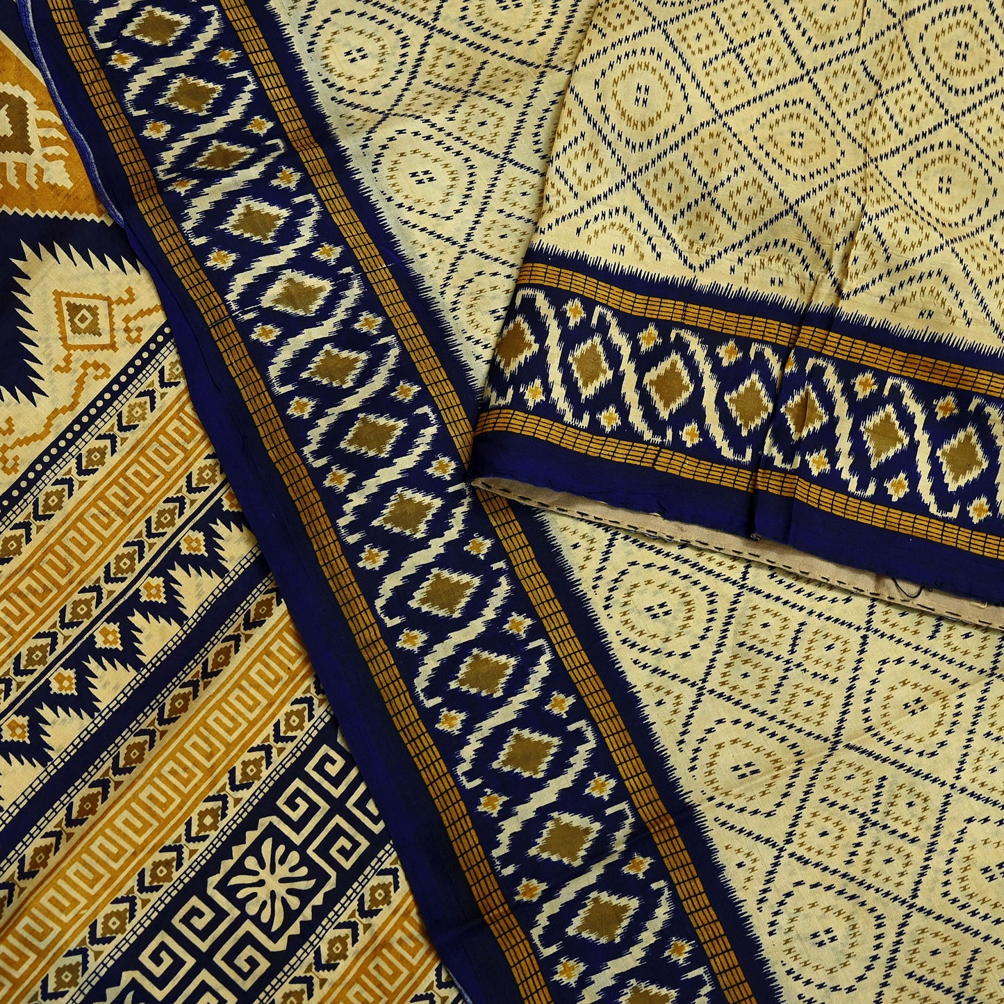 Vintage Sari Beige & Blue Pure Silk Printed Saree Fabric 5yard Sewing Soft Dress Designing for Crafting Quilting Upcycle Soft