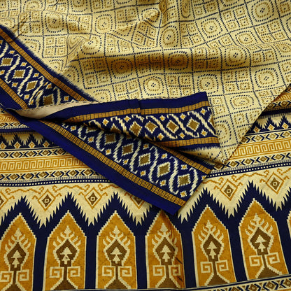 Vintage Sari Beige & Blue Pure Silk Printed Saree Fabric 5yard Sewing Soft Dress Designing for Crafting Quilting Upcycle Soft