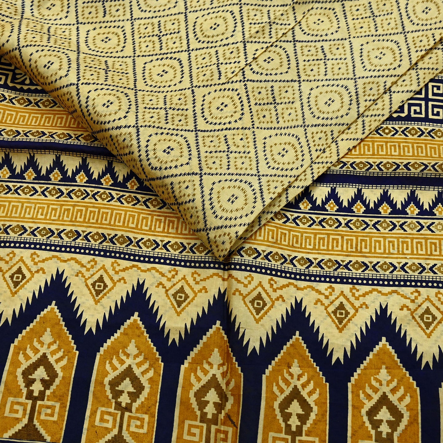 Vintage Sari Beige & Blue Pure Silk Printed Saree Fabric 5yard Sewing Soft Dress Designing for Crafting Quilting Upcycle Soft