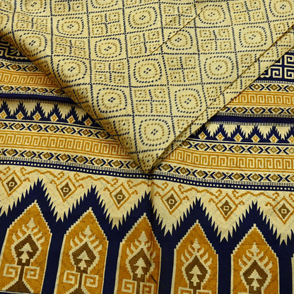 Vintage Sari Beige & Blue Pure Silk Printed Saree Fabric 5yard Sewing Soft Dress Designing for Crafting Quilting Upcycle Soft