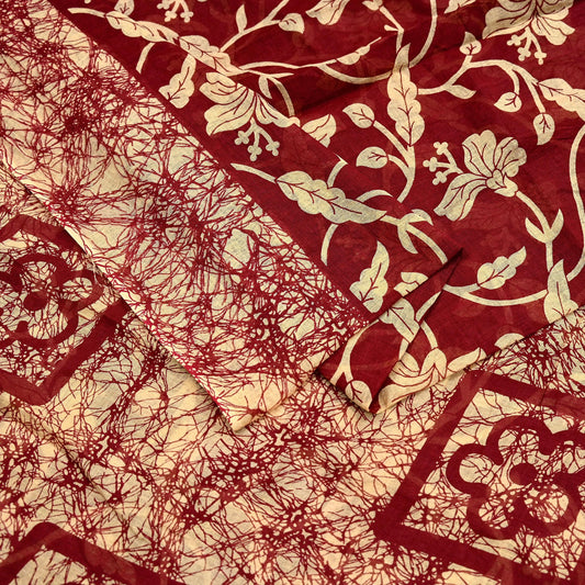 Indian Vintage Sari Beige & maroon Batik Printed Saree 100% Pure Cotton 5Yd Craft Fabric Soft Sewing Sarong Wrap Boho Quilting Dress Making