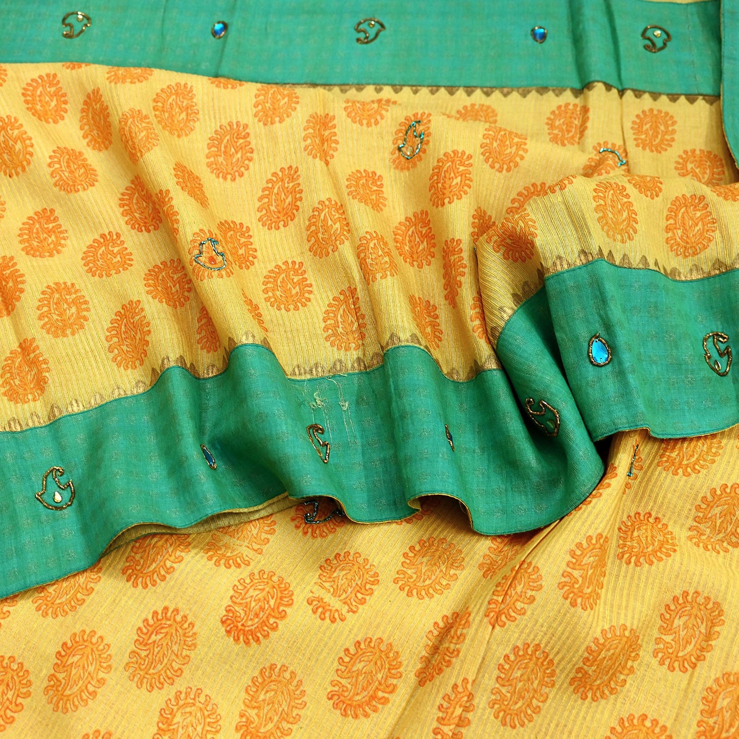 Indian Vintage Sari Yellow 100% Pure Khadi Silk Beaded Handloom Sarees Craft Fabric 5Yd Ethnic Sewing Dress making Crafting Quilting Upcycle