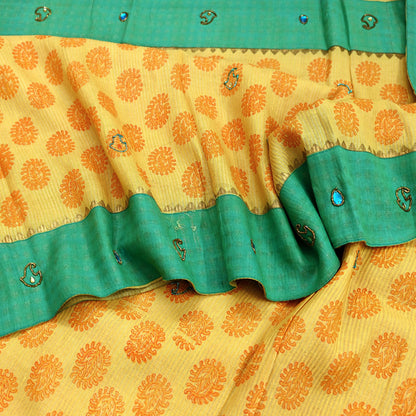 Indian Vintage Sari Yellow 100% Pure Khadi Silk Beaded Handloom Sarees Craft Fabric 5Yd Ethnic Sewing Dress making Crafting Quilting Upcycle