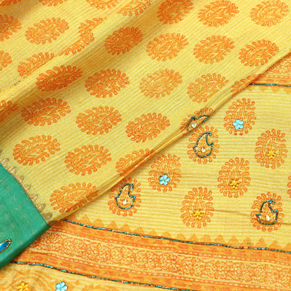 Indian Vintage Sari Yellow 100% Pure Khadi Silk Beaded Handloom Sarees Craft Fabric 5Yd Ethnic Sewing Dress making Crafting Quilting Upcycle