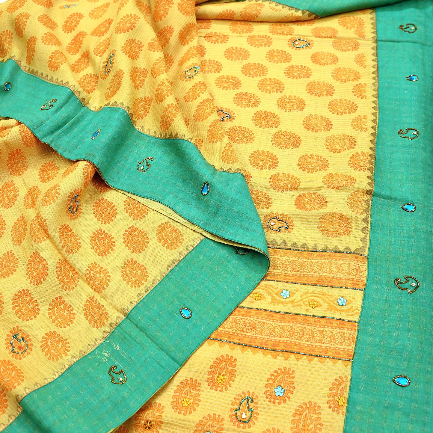 Indian Vintage Sari Yellow 100% Pure Khadi Silk Beaded Handloom Sarees Craft Fabric 5Yd Ethnic Sewing Dress making Crafting Quilting Upcycle