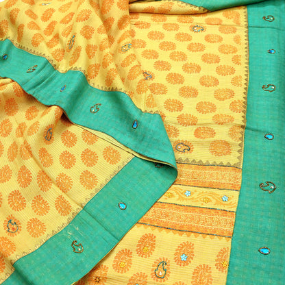 Indian Vintage Sari Yellow 100% Pure Khadi Silk Beaded Handloom Sarees Craft Fabric 5Yd Ethnic Sewing Dress making Crafting Quilting Upcycle