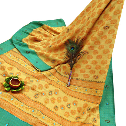 Indian Vintage Sari Yellow 100% Pure Khadi Silk Beaded Handloom Sarees Craft Fabric 5Yd Ethnic Sewing Dress making Crafting Quilting Upcycle