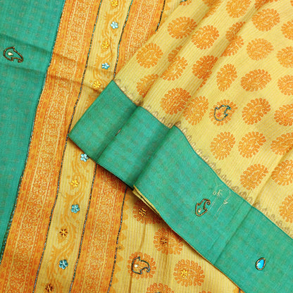 Indian Vintage Sari Yellow 100% Pure Khadi Silk Beaded Handloom Sarees Craft Fabric 5Yd Ethnic Sewing Dress making Crafting Quilting Upcycle