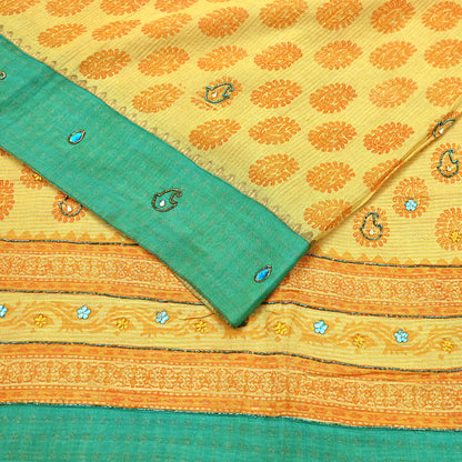 Indian Vintage Sari Yellow 100% Pure Khadi Silk Beaded Handloom Sarees Craft Fabric 5Yd Ethnic Sewing Dress making Crafting Quilting Upcycle