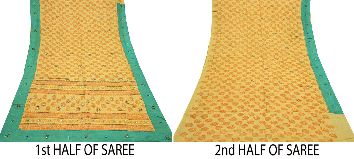 Indian Vintage Sari Yellow 100% Pure Khadi Silk Beaded Handloom Sarees Craft Fabric 5Yd Ethnic Sewing Dress making Crafting Quilting Upcycle