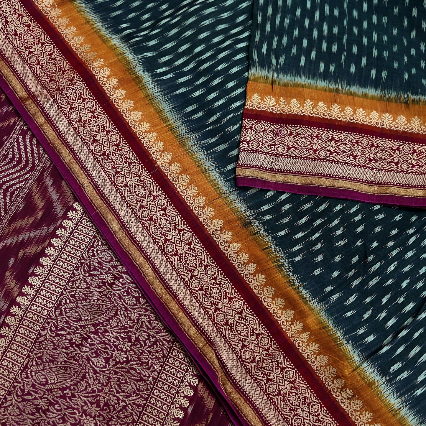 Indian Vintage Sari Black & Maroon Hand woven Sambalpuri Ikat Saree Pure Silk Craft Fabric 5Yd Ethnic Chackra Zari Border