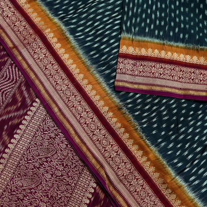 Indian Vintage Sari Black & Maroon Hand woven Sambalpuri Ikat Saree Pure Silk Craft Fabric 5Yd Ethnic Chackra Zari Border