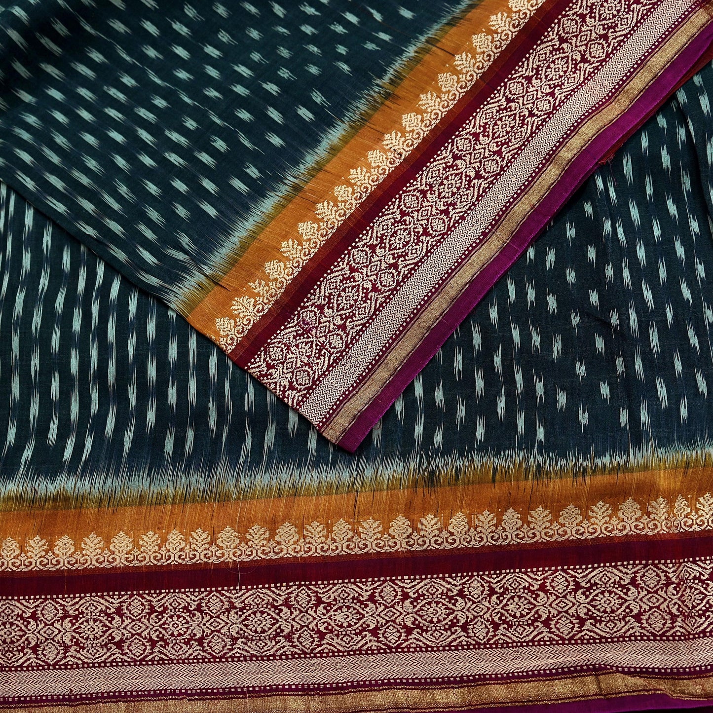 Indian Vintage Sari Black & Maroon Hand woven Sambalpuri Ikat Saree Pure Silk Craft Fabric 5Yd Ethnic Chackra Zari Border