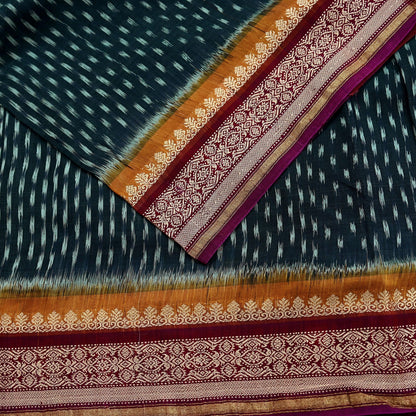 Indian Vintage Sari Black & Maroon Hand woven Sambalpuri Ikat Saree Pure Silk Craft Fabric 5Yd Ethnic Chackra Zari Border
