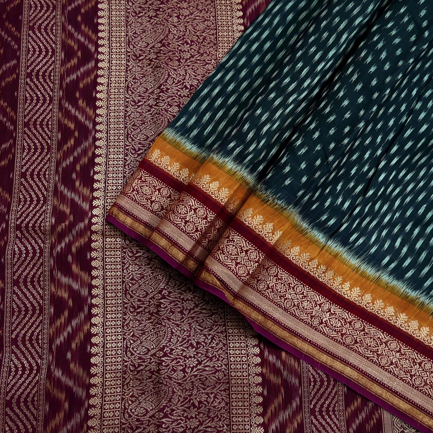 Indian Vintage Sari Black & Maroon Hand woven Sambalpuri Ikat Saree Pure Silk Craft Fabric 5Yd Ethnic Chackra Zari Border