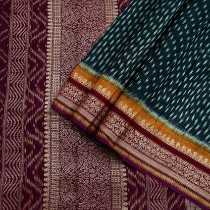 Indian Vintage Sari Black & Maroon Hand woven Sambalpuri Ikat Saree Pure Silk Craft Fabric 5Yd Ethnic Chackra Zari Border