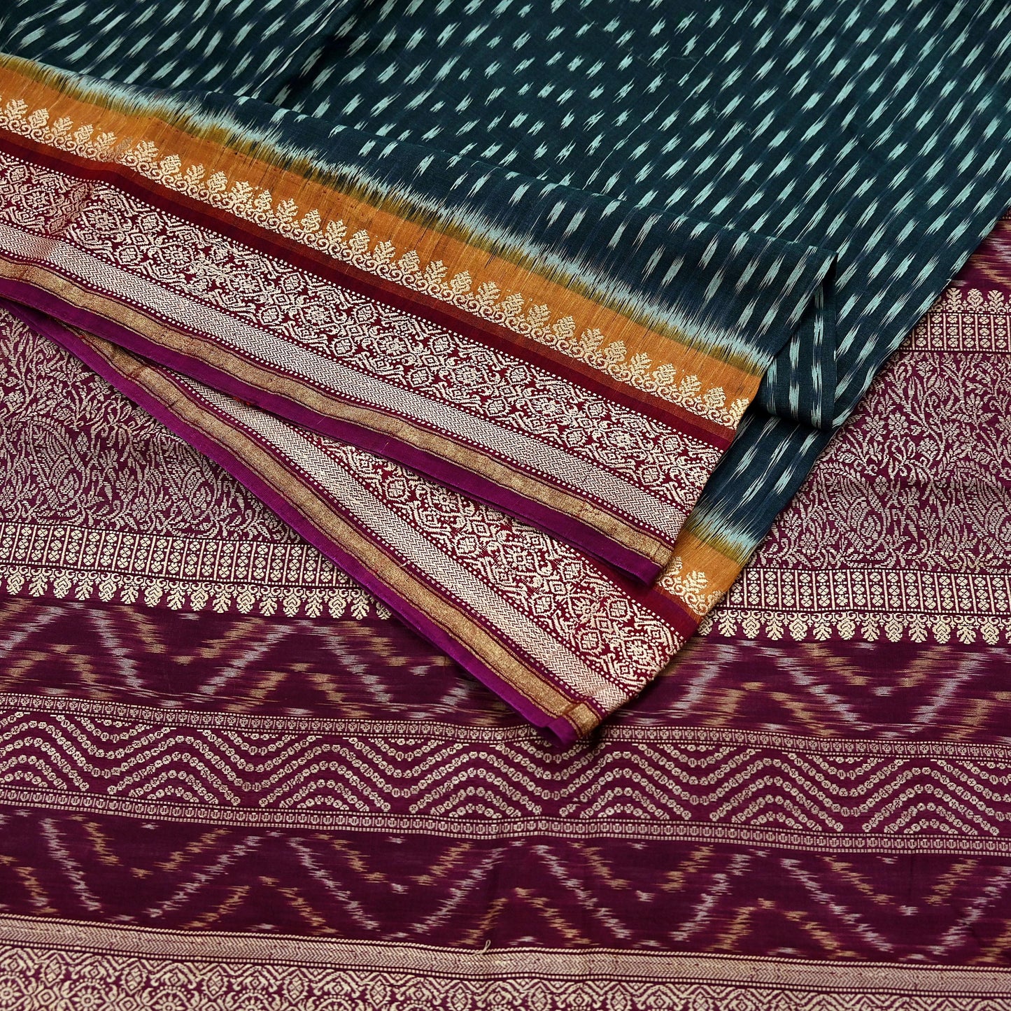 Indian Vintage Sari Black & Maroon Hand woven Sambalpuri Ikat Saree Pure Silk Craft Fabric 5Yd Ethnic Chackra Zari Border