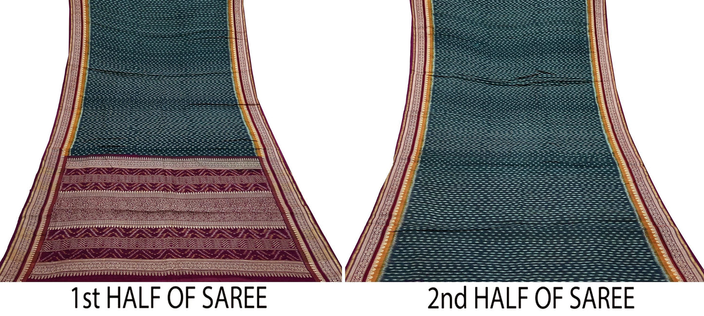 Indian Vintage Sari Black & Maroon Hand woven Sambalpuri Ikat Saree Pure Silk Craft Fabric 5Yd Ethnic Chackra Zari Border