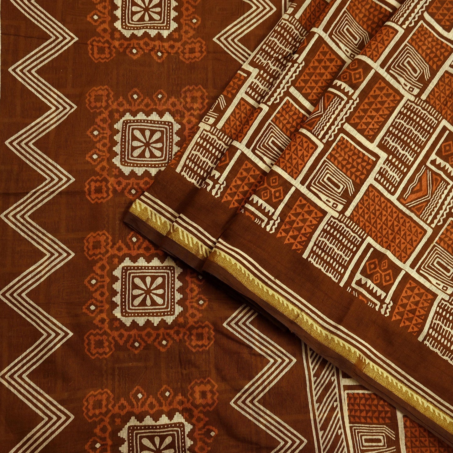 Indian Vintage Sari Brown Pure chanderi Silk Bagru Printed Sarees Fabric 5Yd Floral Soft Golden Zari Border Ethnic Dress making Upcycle