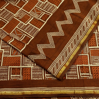 Indian Vintage Sari Brown Pure chanderi Silk Bagru Printed Sarees Fabric 5Yd Floral Soft Golden Zari Border Ethnic Dress making Upcycle