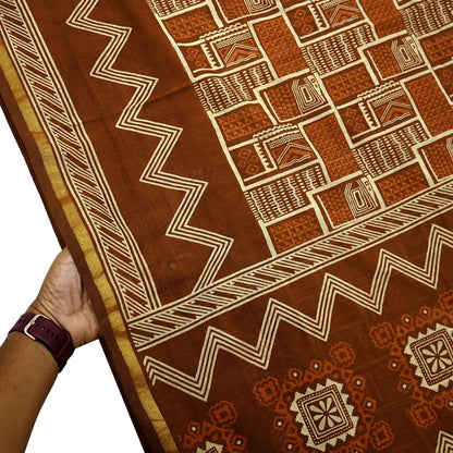 Indian Vintage Sari Brown Pure chanderi Silk Bagru Printed Sarees Fabric 5Yd Floral Soft Golden Zari Border Ethnic Dress making Upcycle