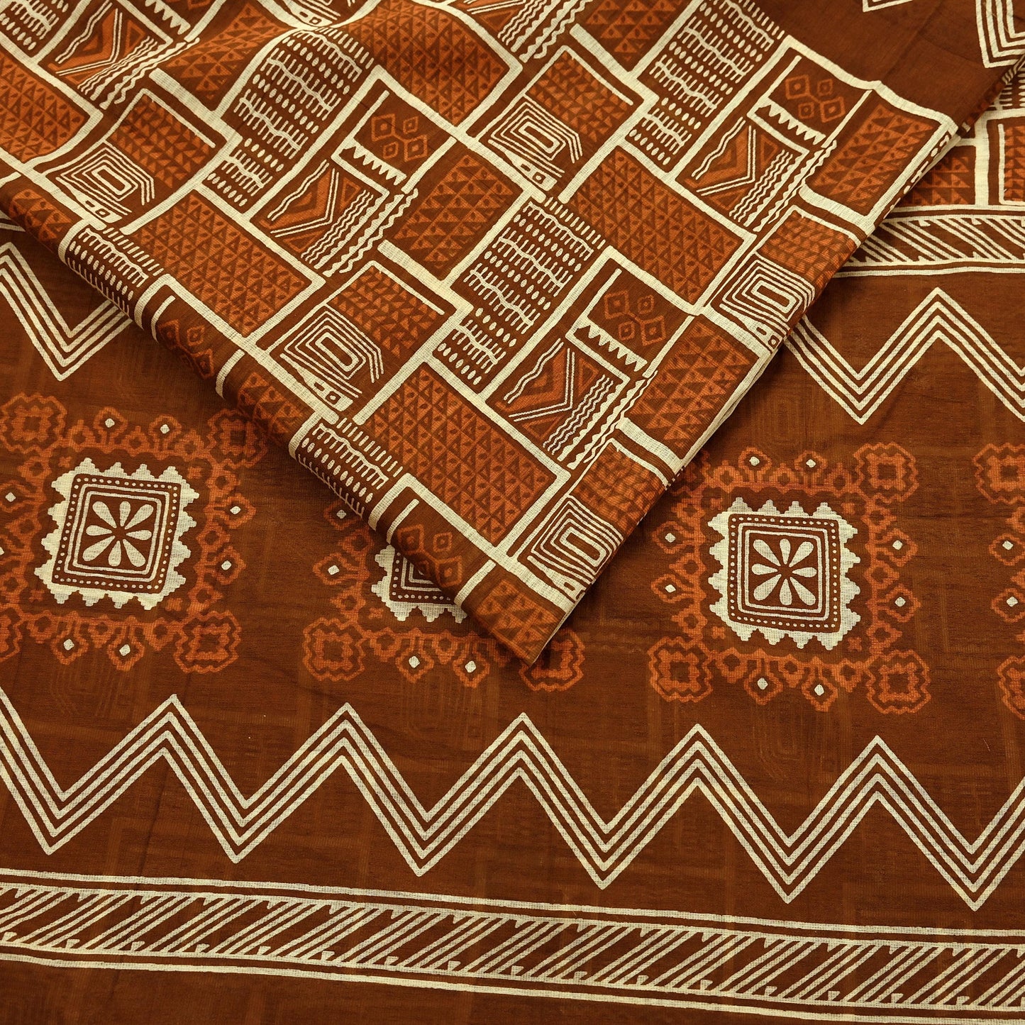 Indian Vintage Sari Brown Pure chanderi Silk Bagru Printed Sarees Fabric 5Yd Floral Soft Golden Zari Border Ethnic Dress making Upcycle