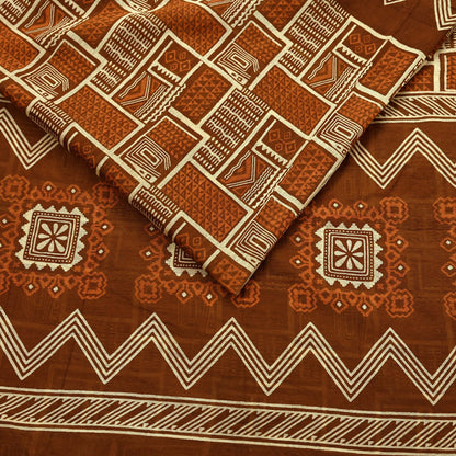 Indian Vintage Sari Brown Pure chanderi Silk Bagru Printed Sarees Fabric 5Yd Floral Soft Golden Zari Border Ethnic Dress making Upcycle