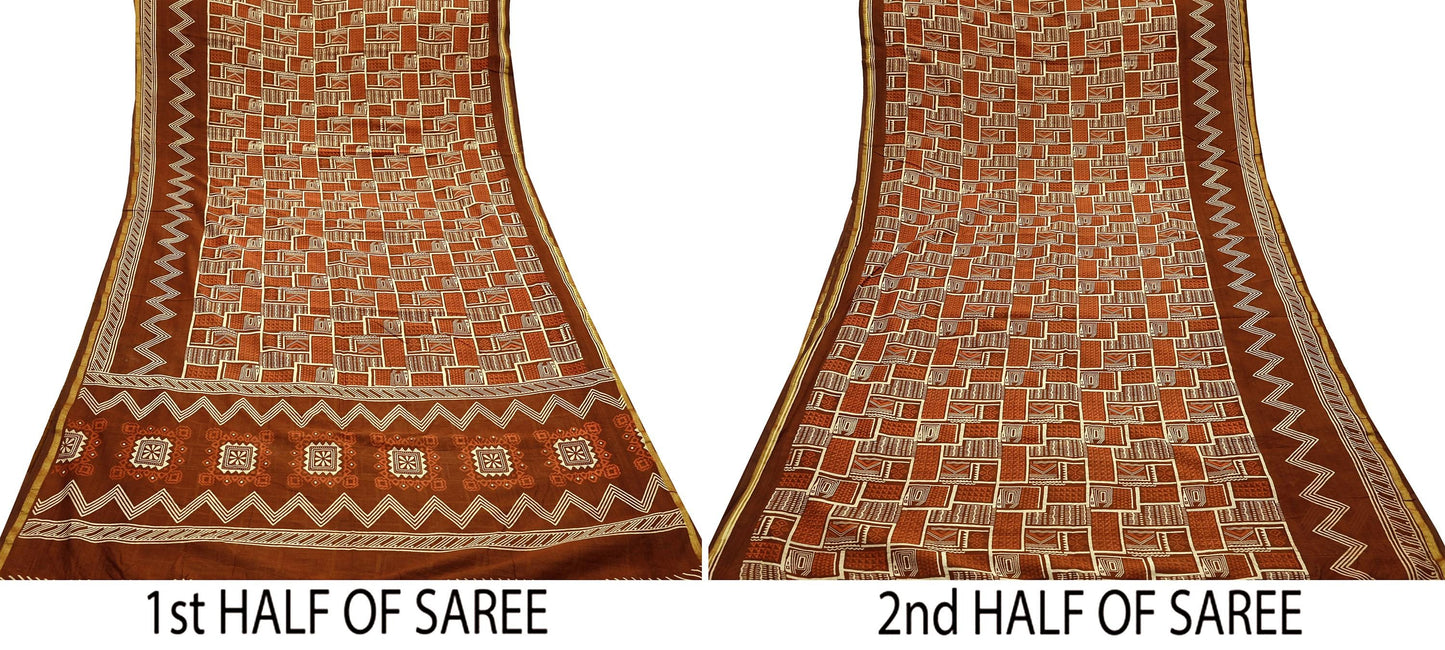 Indian Vintage Sari Brown Pure chanderi Silk Bagru Printed Sarees Fabric 5Yd Floral Soft Golden Zari Border Ethnic Dress making Upcycle