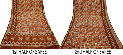 Indian Vintage Sari Brown Pure chanderi Silk Bagru Printed Sarees Fabric 5Yd Floral Soft Golden Zari Border Ethnic Dress making Upcycle
