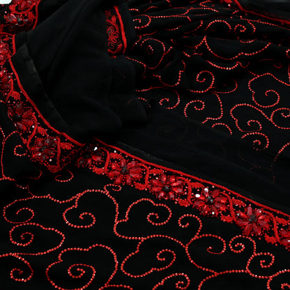 Indian Vintage Heavy Sarees Black Pure Georgette Silk Hand Embroidered Sari Fabric 5Yd Sewing Ethnic Sequins Wedding sarees Dress making