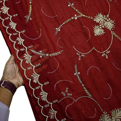 Indian Vintage Heavy Sarees Maroon Georgette Hand Embroidered Sari Fabric 5Yd Sewing Ethnic Zardozi/dabka zari Wedding sarees