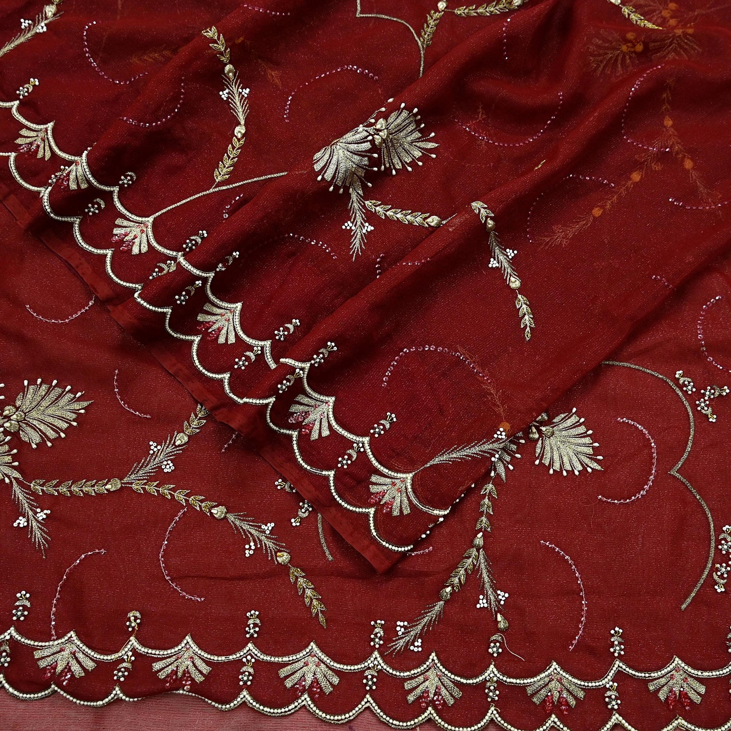 Indian Vintage Heavy Sarees Maroon Georgette Hand Embroidered Sari Fabric 5Yd Sewing Ethnic Zardozi/dabka zari Wedding sarees