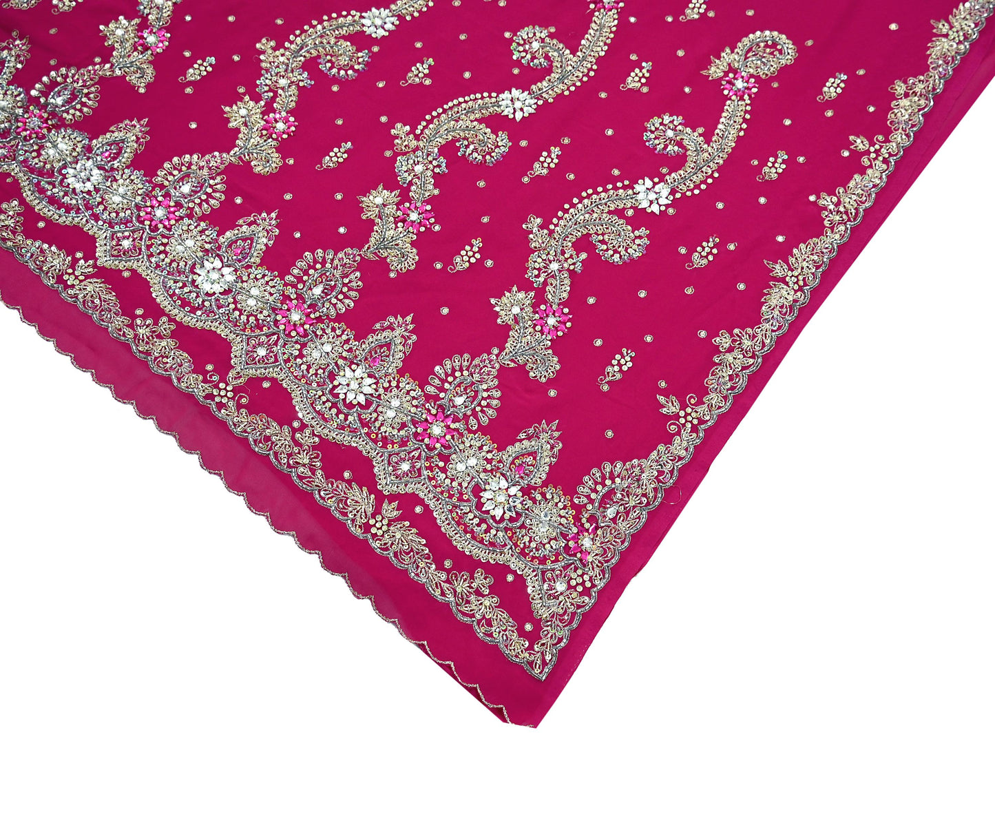 Indian Vintage Heavy Rani Pink Saree Georgette Hand Embroidered Sari Craft Fabric 6Yd Sewing Soft Ethnic Zari Dress Making wedding Sari