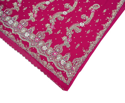Indian Vintage Heavy Rani Pink Saree Georgette Hand Embroidered Sari Craft Fabric 6Yd Sewing Soft Ethnic Zari Dress Making wedding Sari