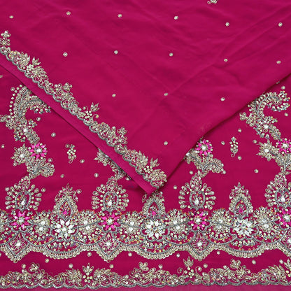 Indian Vintage Heavy Rani Pink Saree Georgette Hand Embroidered Sari Craft Fabric 6Yd Sewing Soft Ethnic Zari Dress Making wedding Sari