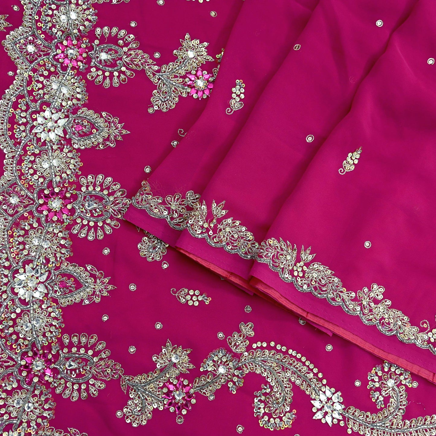 Indian Vintage Heavy Rani Pink Saree Georgette Hand Embroidered Sari Craft Fabric 6Yd Sewing Soft Ethnic Zari Dress Making wedding Sari